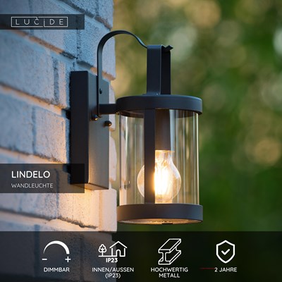 Lucide LINDELO - Wandleuchte Innen/Außen - 1xE27 - IP23 - Schwarz